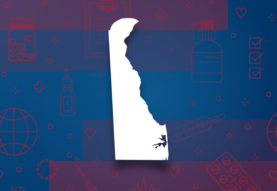White Delaware outline over medical icons on blue and red background representing medical waste disposal in Delaware.