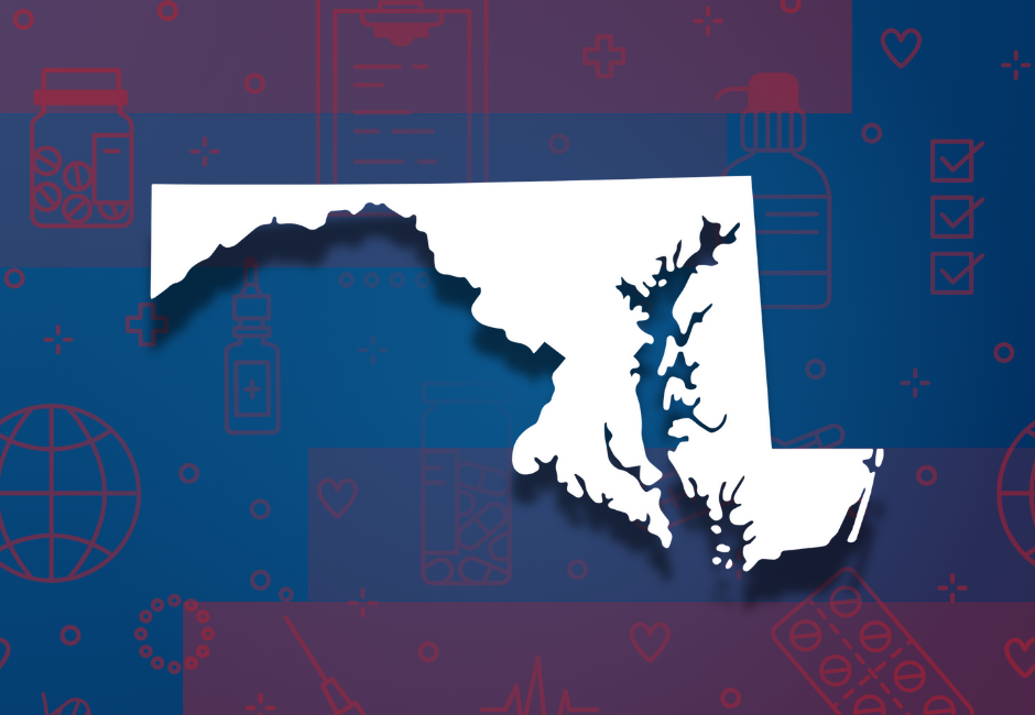 White Maryland outline with red medical imagery on blue background illustrating medical waste disposal in Maryland