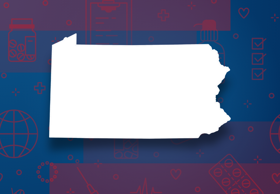 White Pennsylvania silhouette with healthcare graphics on blue and red background for medical waste disposal in Pennsylvania