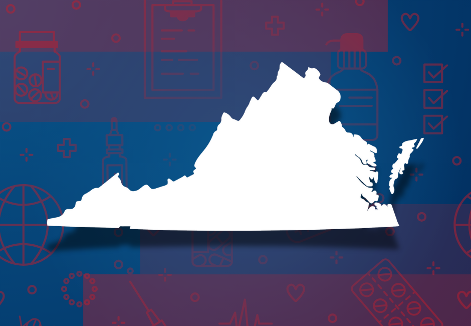 Virginia silhouette over red medical symbols on blue gradient background depicting medical waste disposal in Virginia