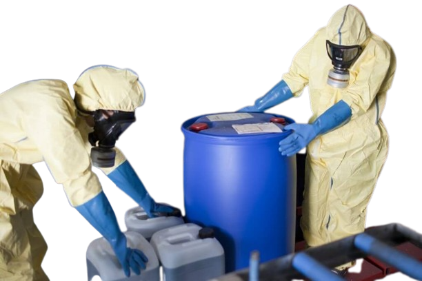 Hazmat compliance workers image of 2 workers wearing hazmat suites while handling hazardous waste