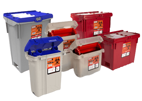 Medical waste containers and packaging in various sizes for safe sharps and biohazard disposal.