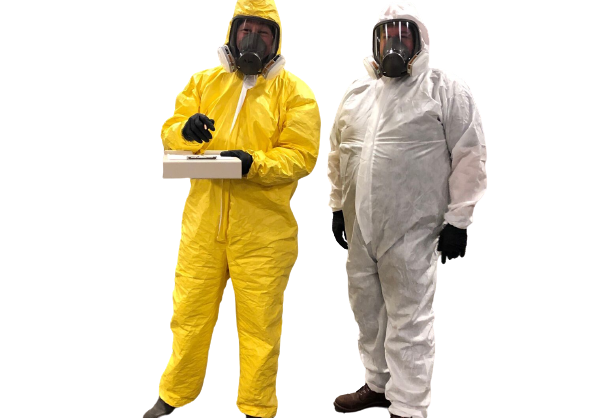 Image of 2 people wearing hazmat suits