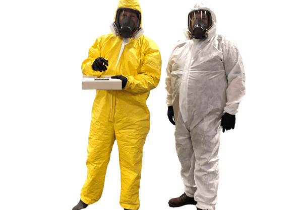 Image of 2 people wearing hazmat suits